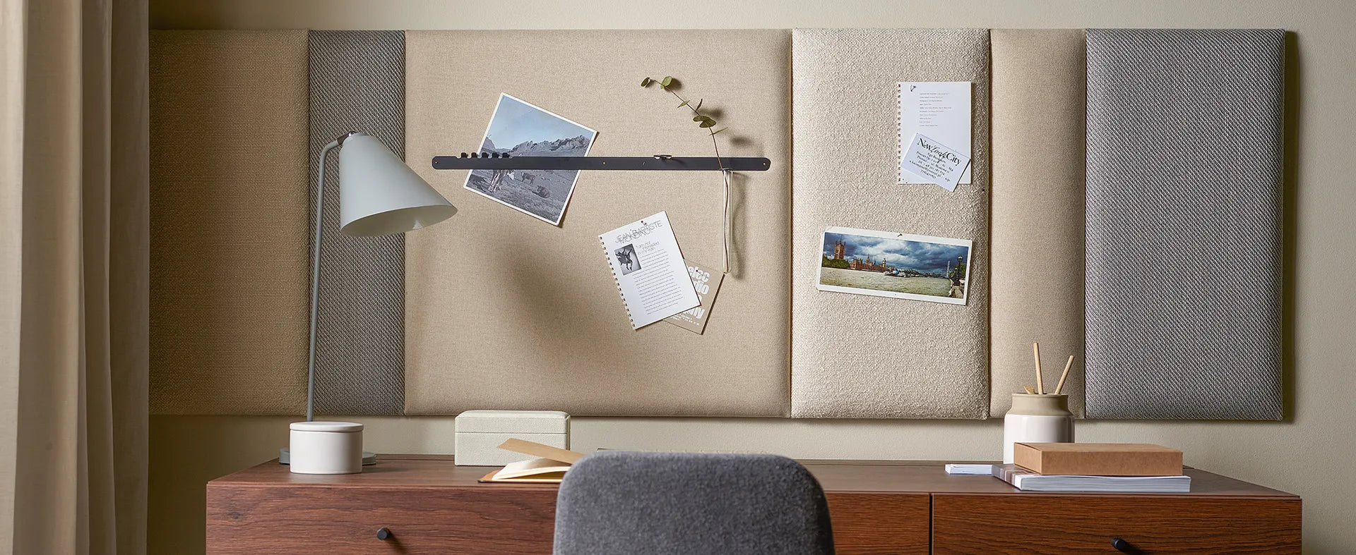 Padded Wall Boards Accessories - Decorative Strip 2 Black above desk on beige panel Decormania UK